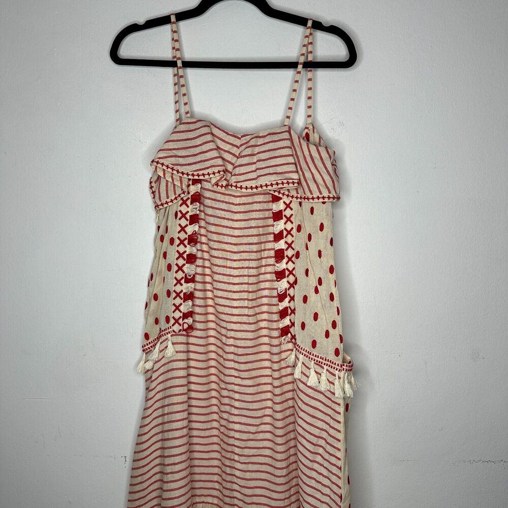 DODO BAR Tan & Red Stripe Polka Dot Ruffle Fringe Maxi Boho Resort Dress S - Picture 6 of 14
